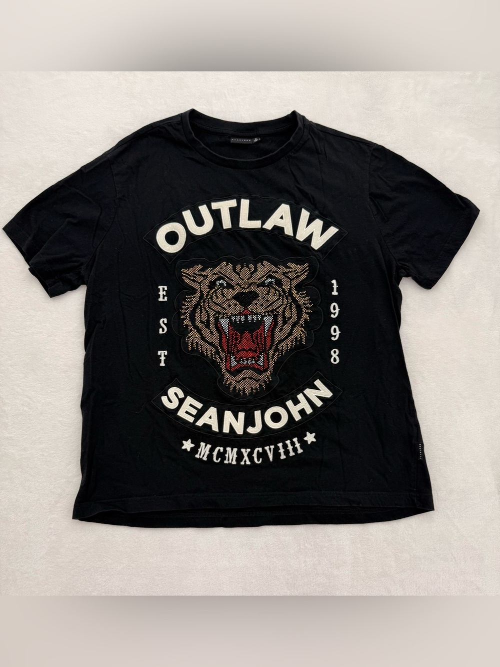 Sean John black graphic t-shirt Outlaw tiger face Rhinestones Size XL Streetwear